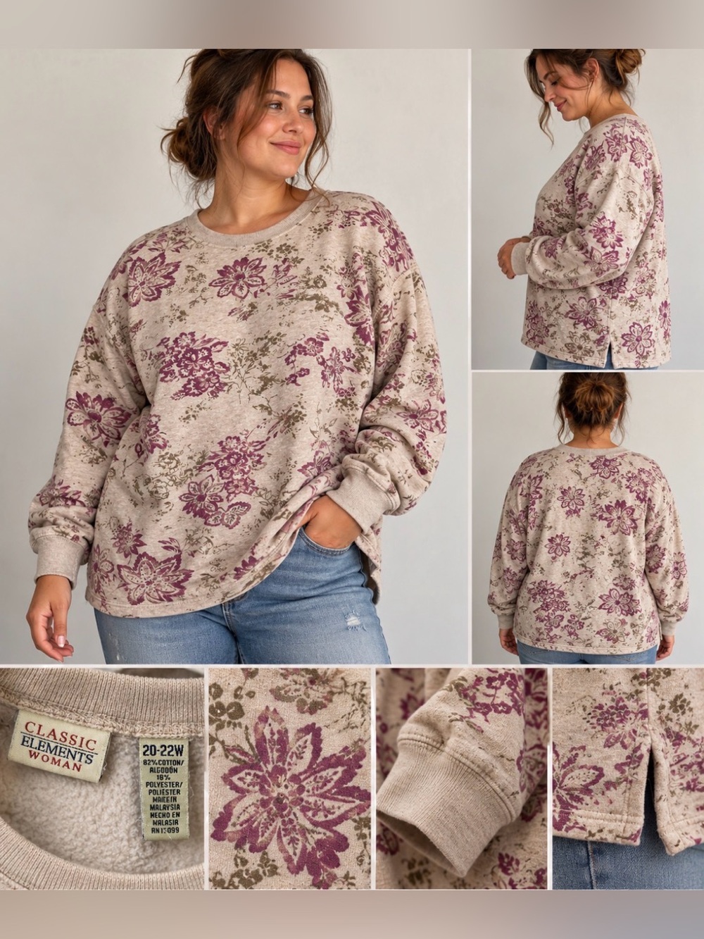 Vintage 90s y2k  - Classic Elements Crewneck Sweatshirt Mauve Floral XXL